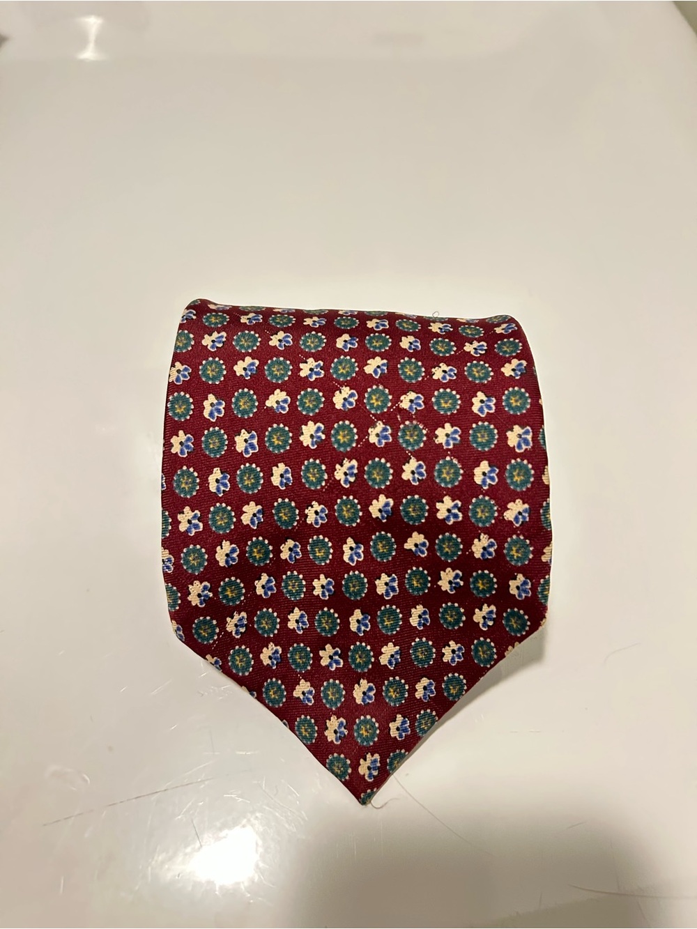 Christian Dior Burgundy Tie with Blue and Cream Medallions